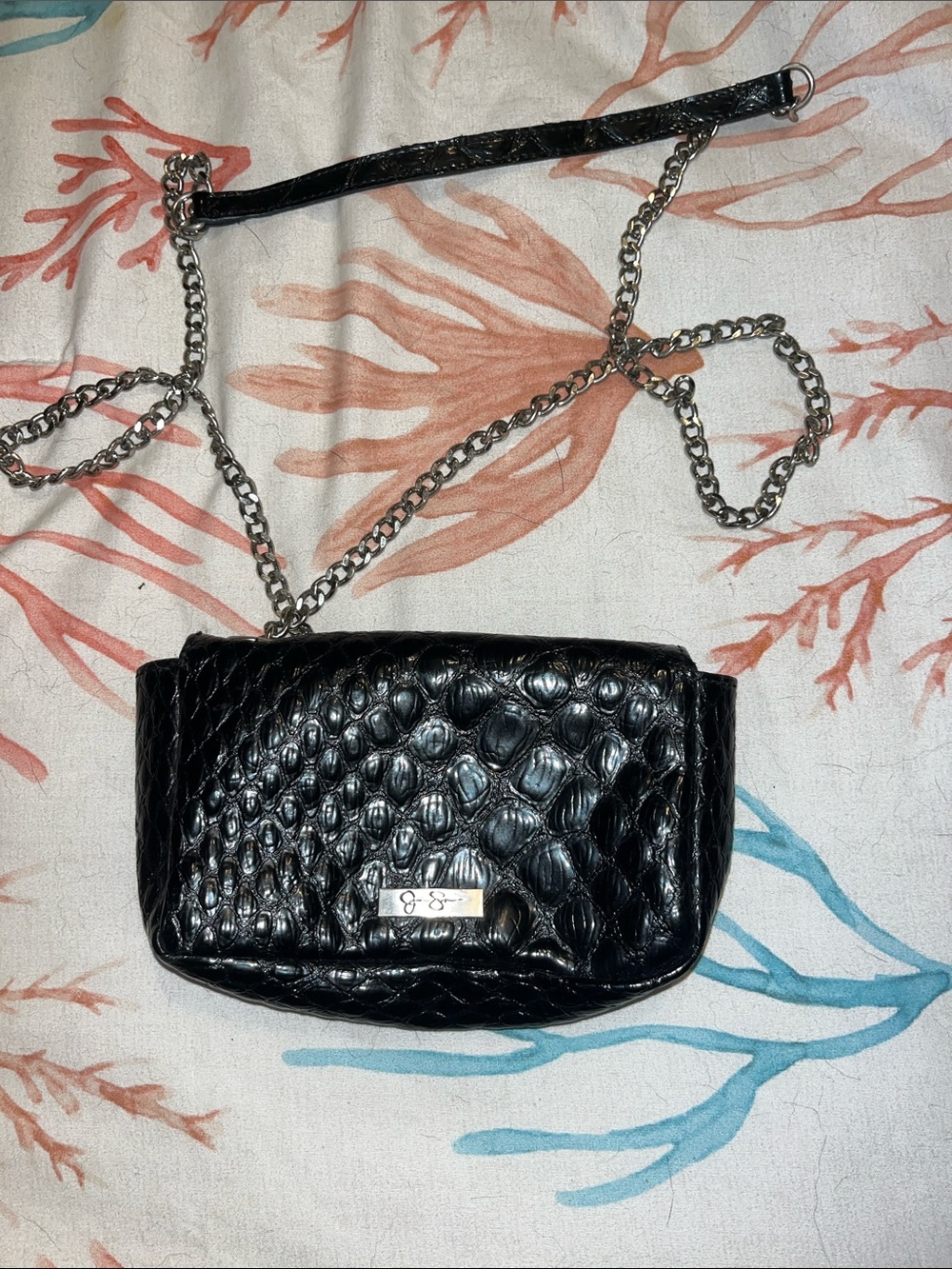 Jessica Simpson Black Quilted Croc-Embossed Chain Crossbody